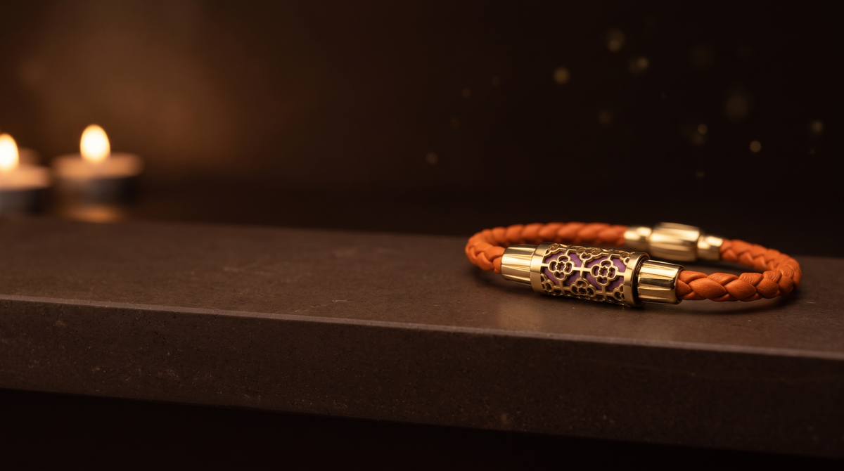 Bracelet en cuir orange tressé avec perle dentelle dorée, à la lueur des bougies